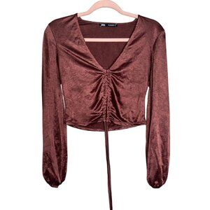 Zara Copper Satin Balloon Sleeve Ruched Blouse S